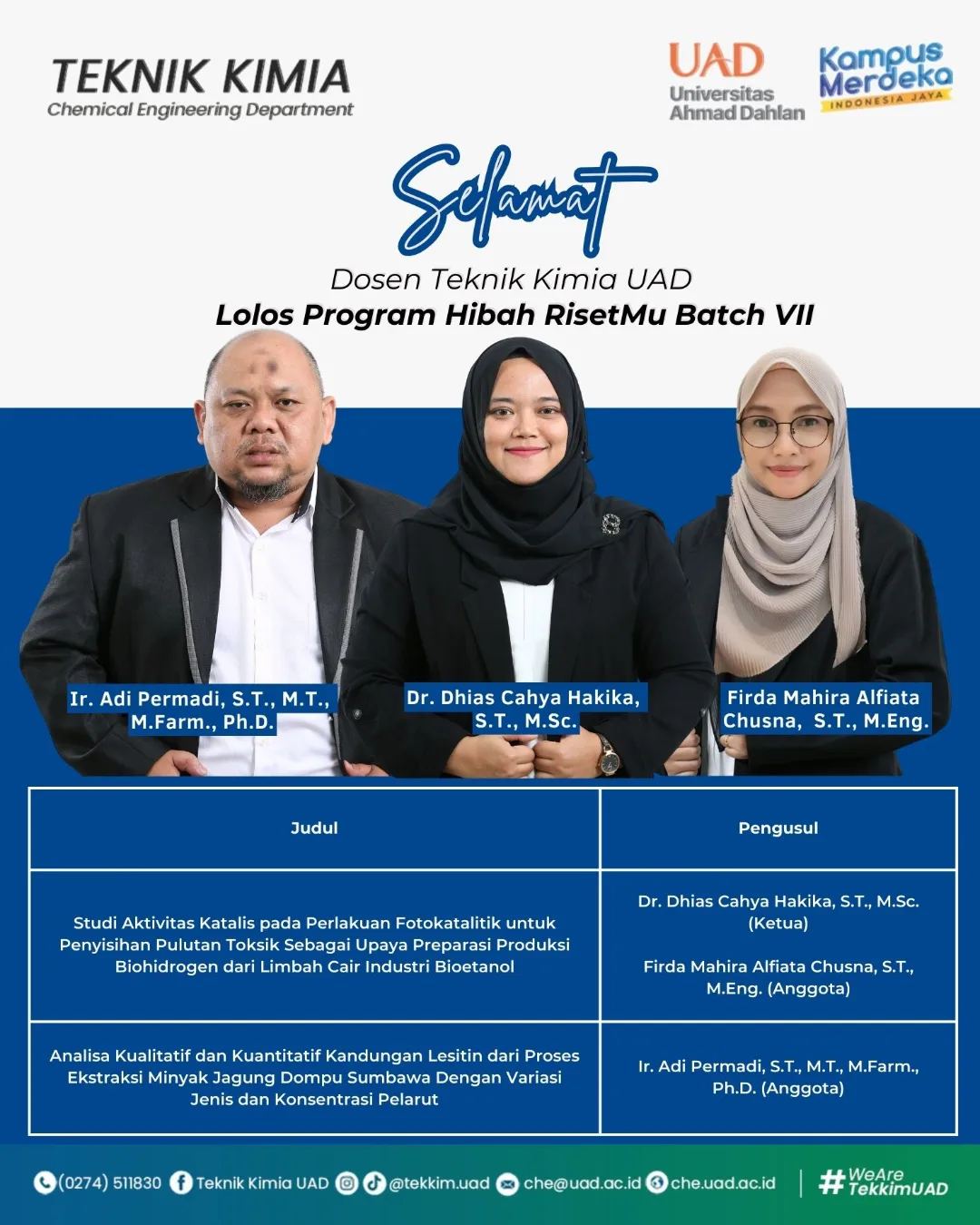 Dosen Teknik Kimia UAD lolos Program Hibah RisetMu Batch VII 2024 ...